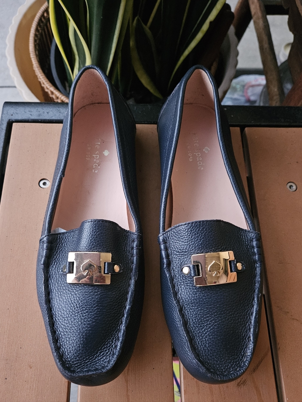 Kate Spade Navy Pebbled Leather Loafers with Gold Hardware